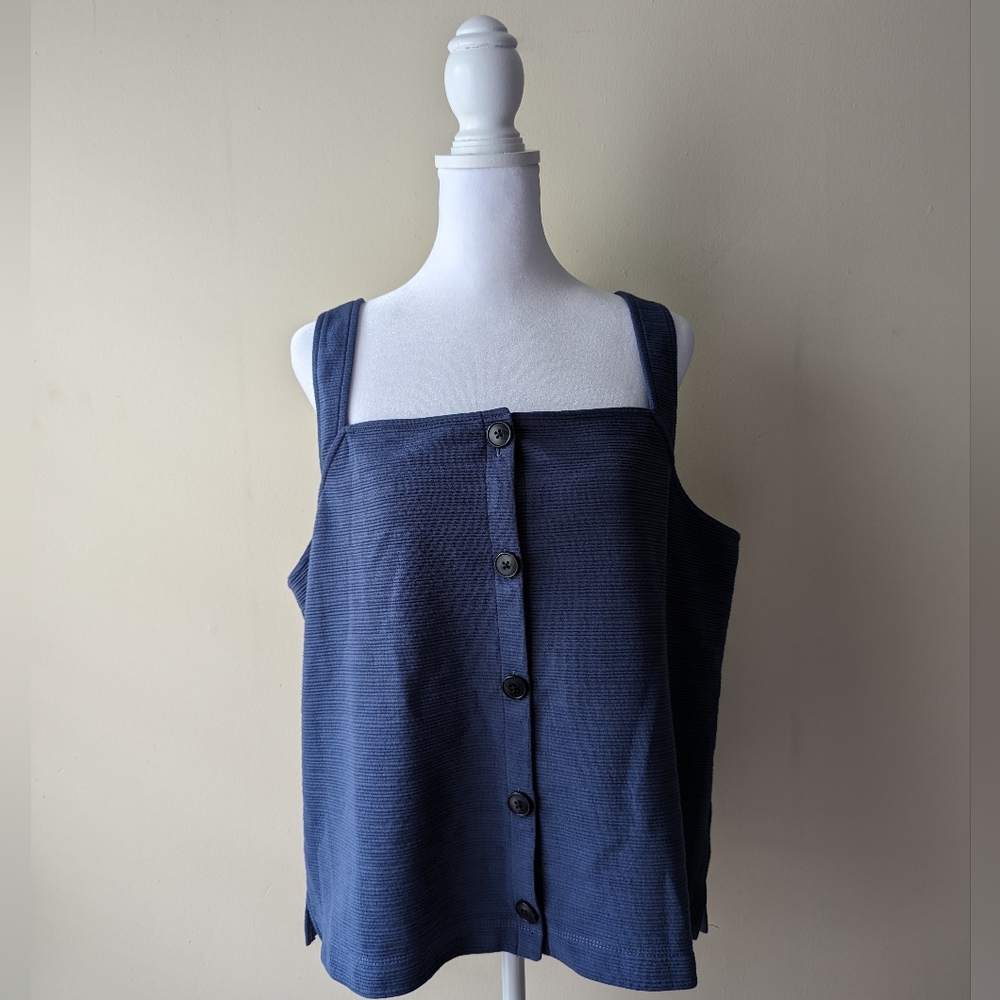 J Crew Blue Button Front Textured Sleeveless Top XL